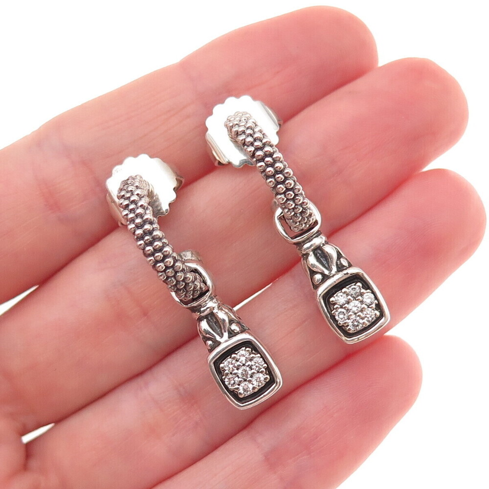 Lagos 925 Sterling Silver 14K Gold Posts Real Diamond Caviar Hoop Charm Earrings